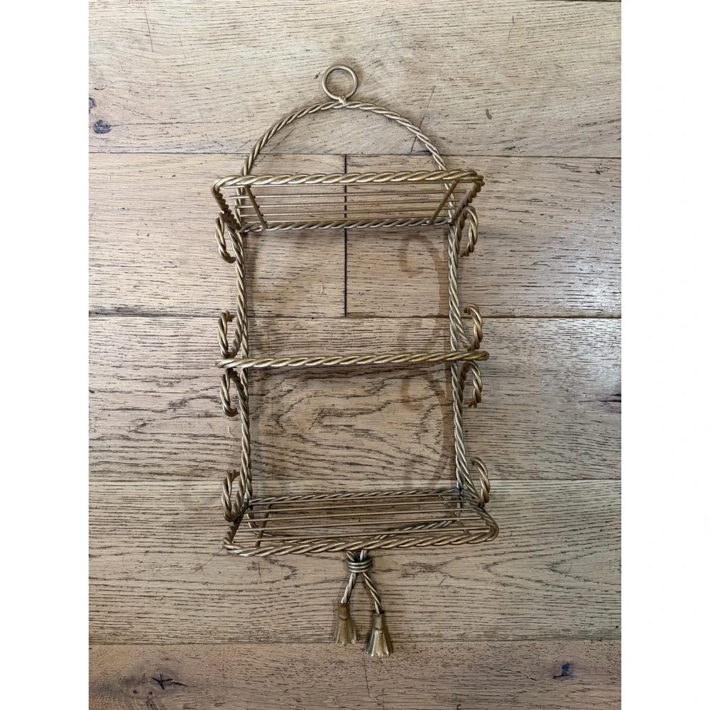 Vintage 3-Tier Wire Wall Shelf Gold Tone MCM Twisted Rope Tassels Ornate